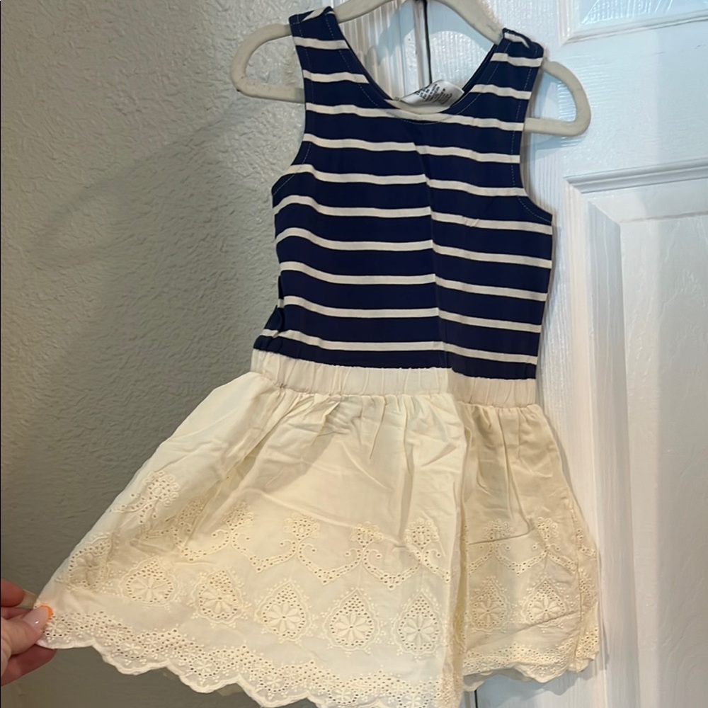 Max studio Navy Striped Dress with Cream Lace Skirt